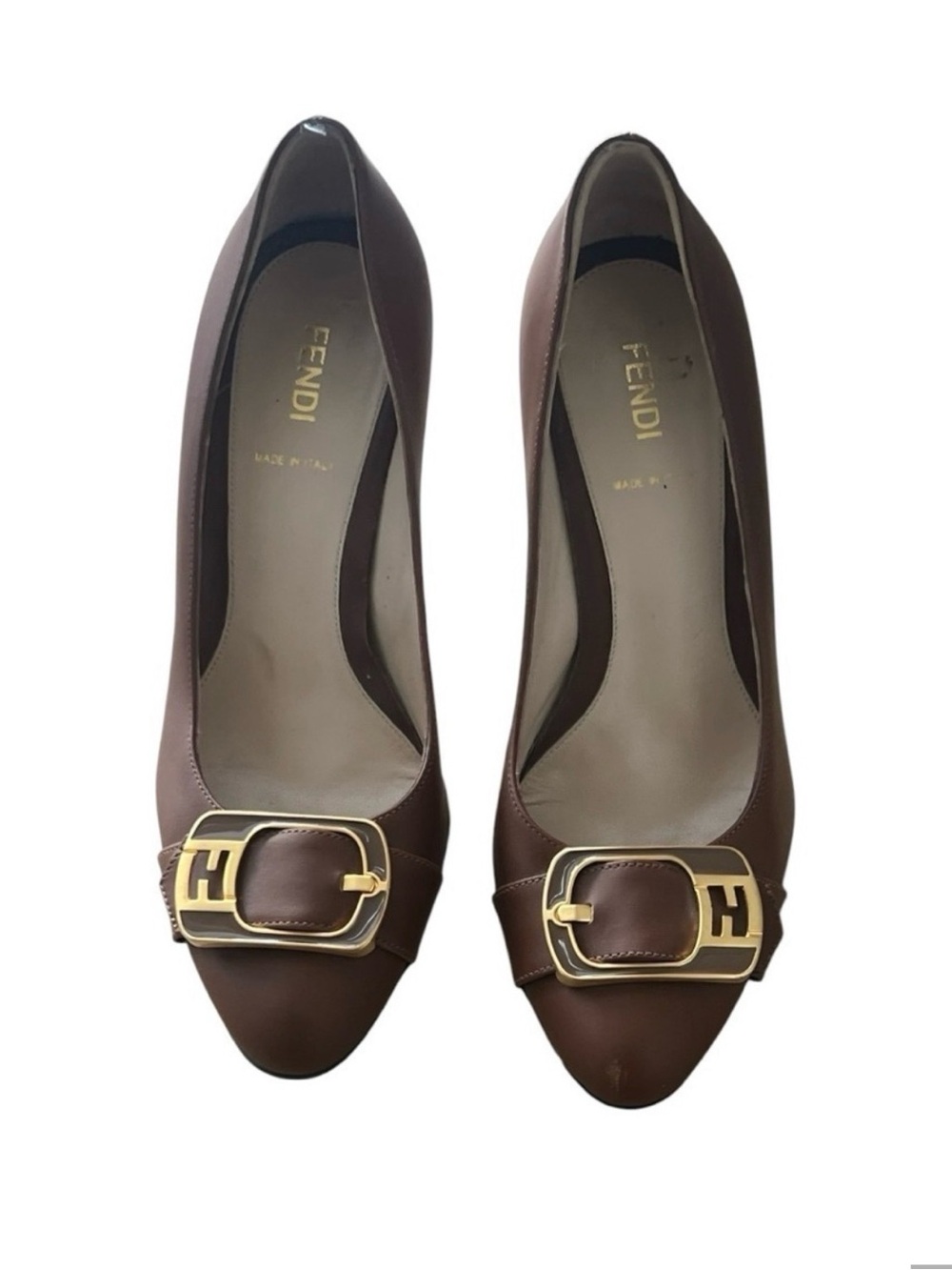 Fendi Brown Leather Pumps with Gold Buckle Accent